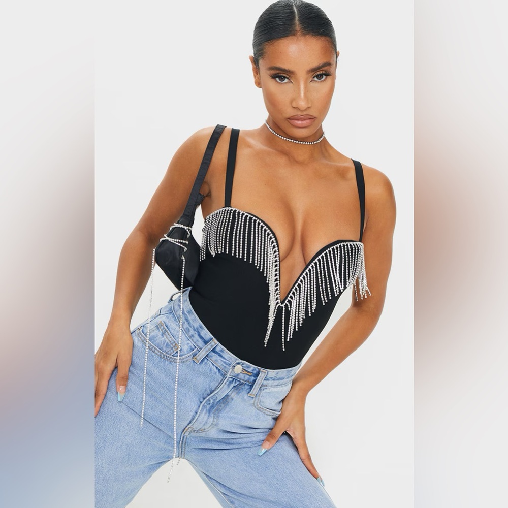 PrettyLittleThing Black Rhinestone Fringe Plunge Bodysuit